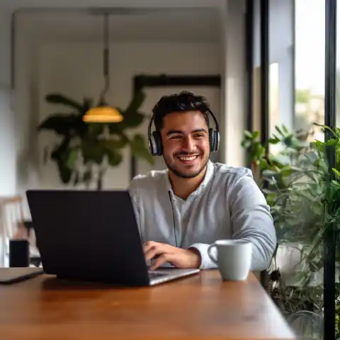 Un joven estudiante de posgrados con la modalidad de Educación virtual en Colombia da seguimiento a sus clases en su laptop mientras toma café en una taza.