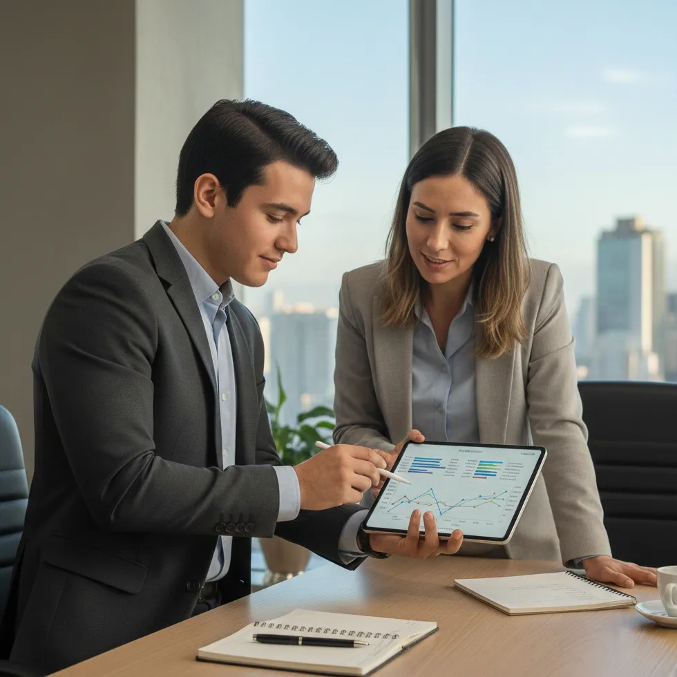 Imagen de dos profesionales de costos y presupuestos en una sala de juntas presentando gráficas en una tableta electrónica con un análisis de costos.