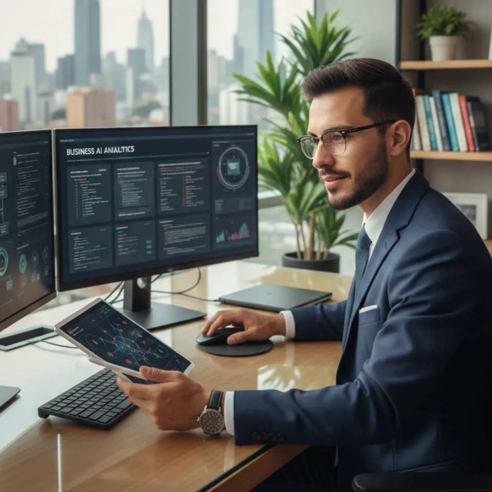 Imagen de un profesional implementando la inteligencia artificial aplicada a los negocios y empresas y usando el deep learning para tareas rutinarias. 