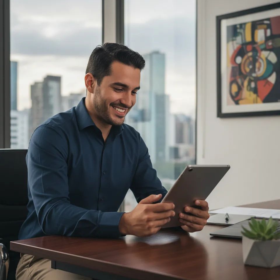 Imagen de un egresado de un diplomado en gerencia de ventas sonriendo, mientras sostiene una tableta en su nueva oficina de gestión estratégica de ventas