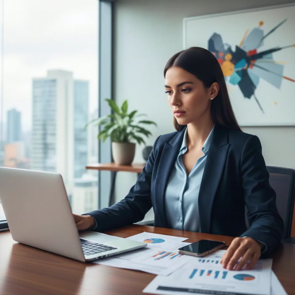 Imagen de un egresado de un diplomado en finanzas en su oficina revisando un análisis financiero de su organización.