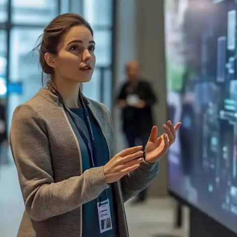 Imagen de una mujer de pie frente a un proyector, mientras expone su proyecto de comunicación estratégica basado en sus conocimientos obtenidos en un diplomado en comunicación de la Unisabana. 