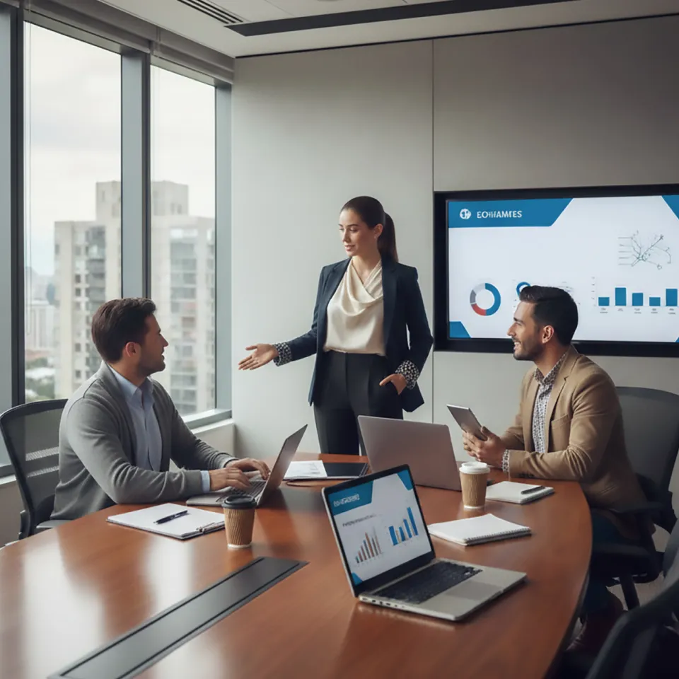 Imagen de un grupo de egresados de un diplomado en mercadeo discutiendo los resultados de una campaña de marketing estratégico.