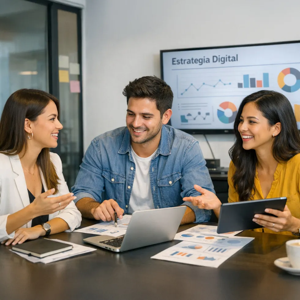 Fotografía de tres egresados del Diplomado en Comunicación Estratégica comparten su conocimiento obtenido en una oficina directiva de una empresa de comunicación estratégica digital.
