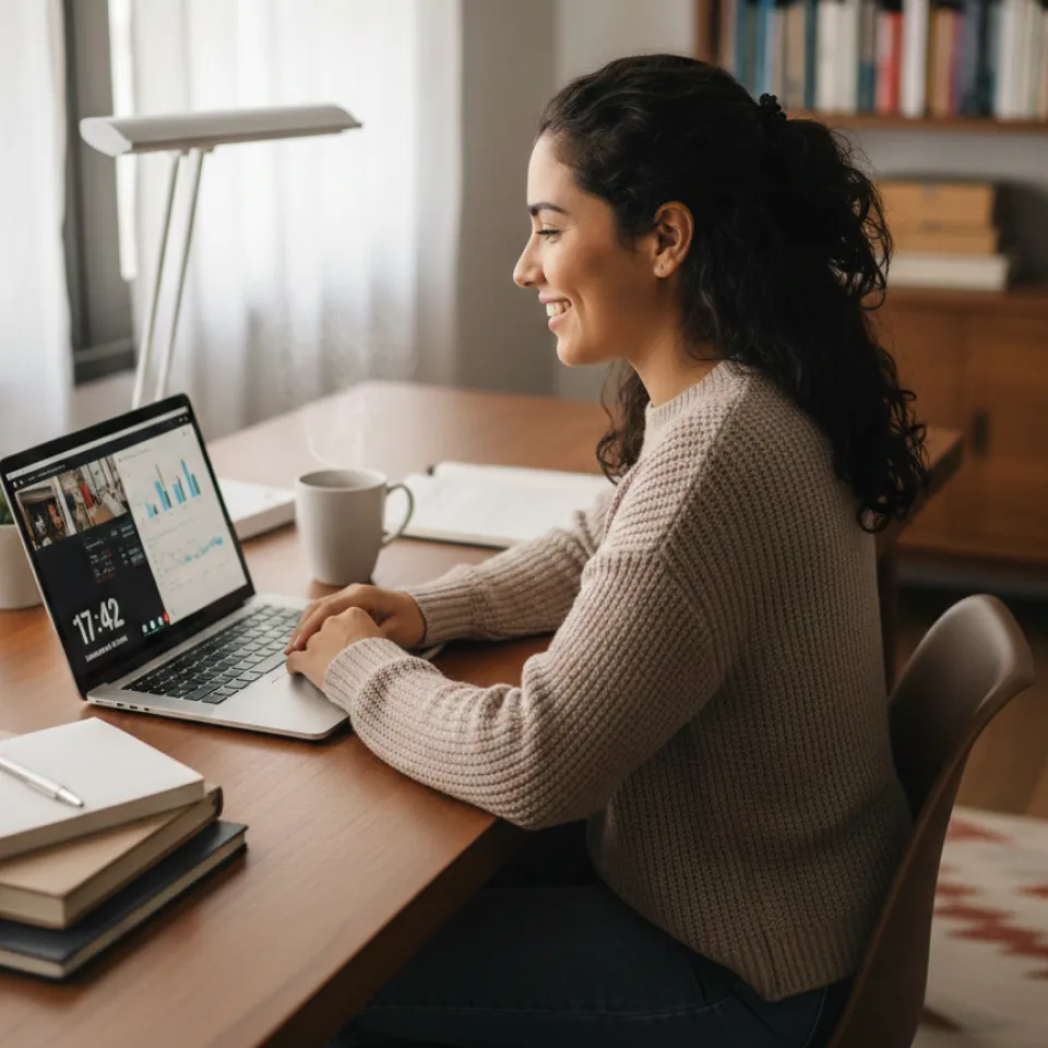 Fotografía de un estudiante del diplomado de estrategias digitales en un escritorio en su cuarto comparando en su laptop el plan de estudios con un curso de estrategias digitales.