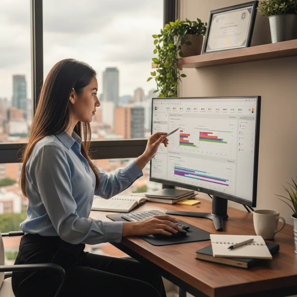 Fotografía de una estudiante en su oficina dando seguimiento desde su computadora a una actividad del Diplomado en Gerencia de Proyectos.
