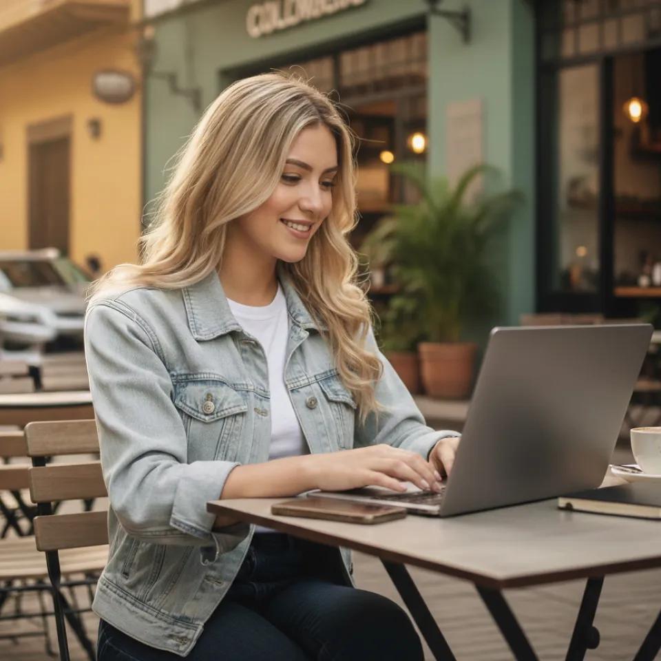 Fotografía de una estudiante joven sonriente en las afueras de una zona de restaurantes, tras completar su asignatura de diplomados en la Universidad de La Sabana.