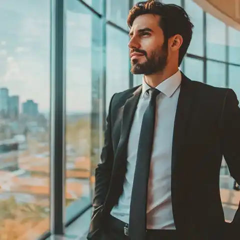 Fotografía de un joven CEO experto en liderazgo empresarial, tras estudiar un diplomado en negocios, caminando en por las oficinas de su empresa.