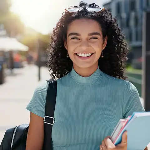 Fotografía de una estudiante joven sonriente en las afueras de una zona de restaurantes, tras completar su asignatura de diplomado virtual en la Universidad de La Sabana. 