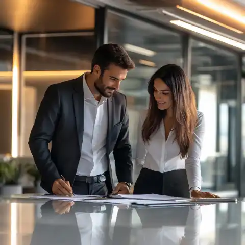 Un hombre y una mujer directores de organizaciones con habilidades de un gerente firman un contrato de colaboración de gestión empresarial en una oficina con paredes de cristal.