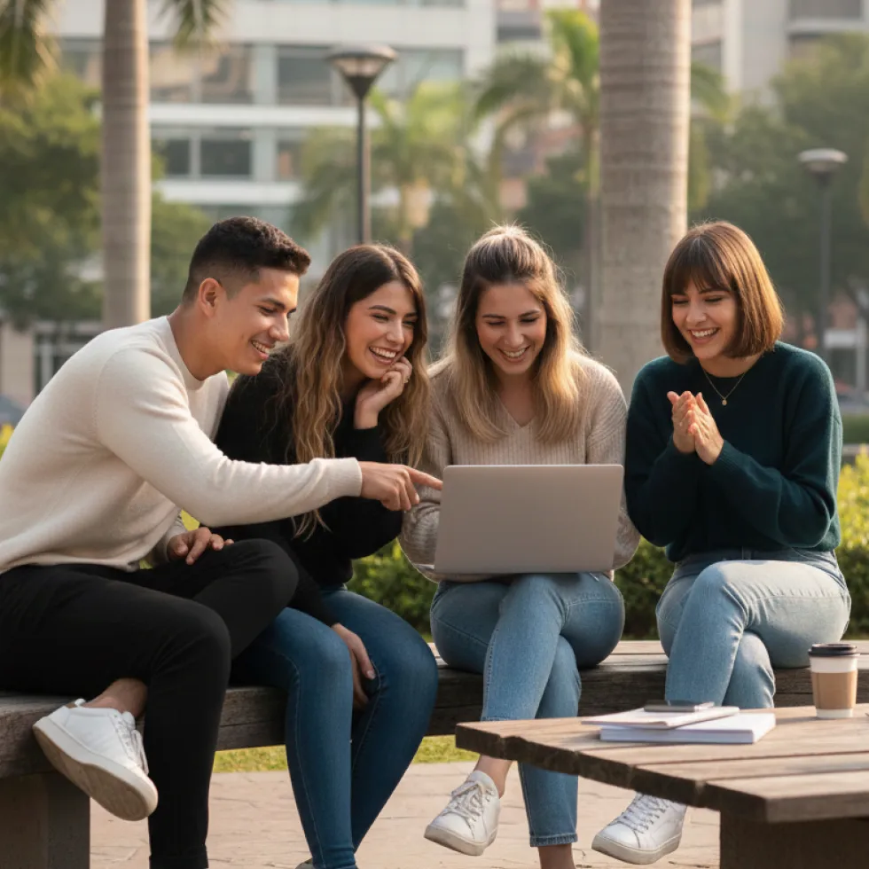 Aspirantes de educación continua virtual en la Universidad de la Sabana conversan en una oficina amplia sosteniendo una laptop en sus manos para saber cuál de sus programas 100 % virtuales estudiar.