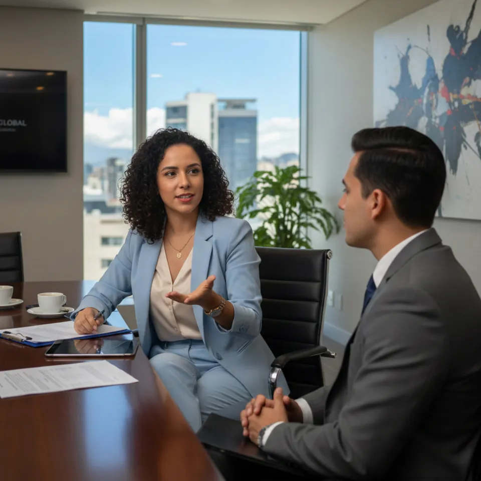 Fotografía de una graduada del Diplomado en Gerencia del Talento Humano entrevistando a un aspirante a un puesto laboral.