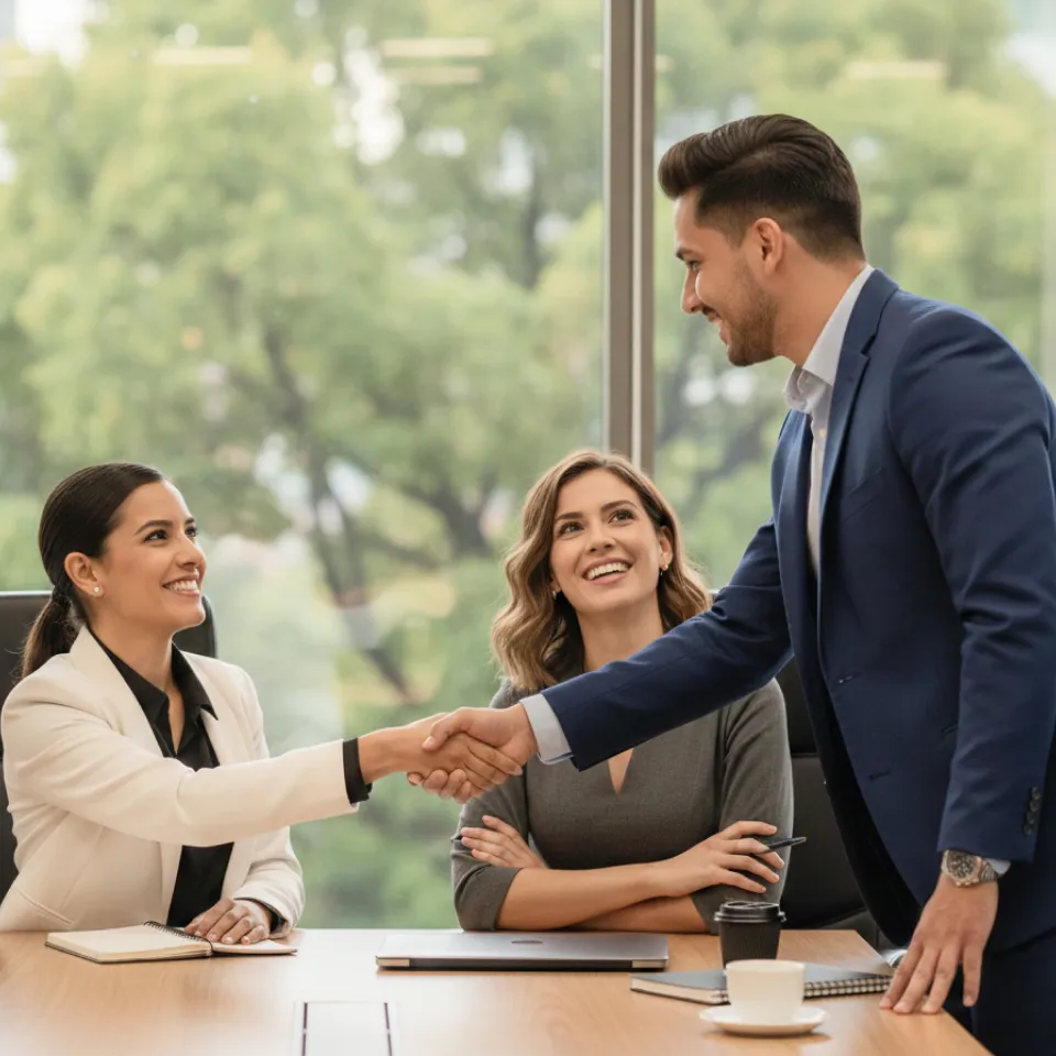 Fotografía de un graduado de un diplomado en gerencia de servicio al cliente finalizando un acuerdo con los directores de una compañía.   