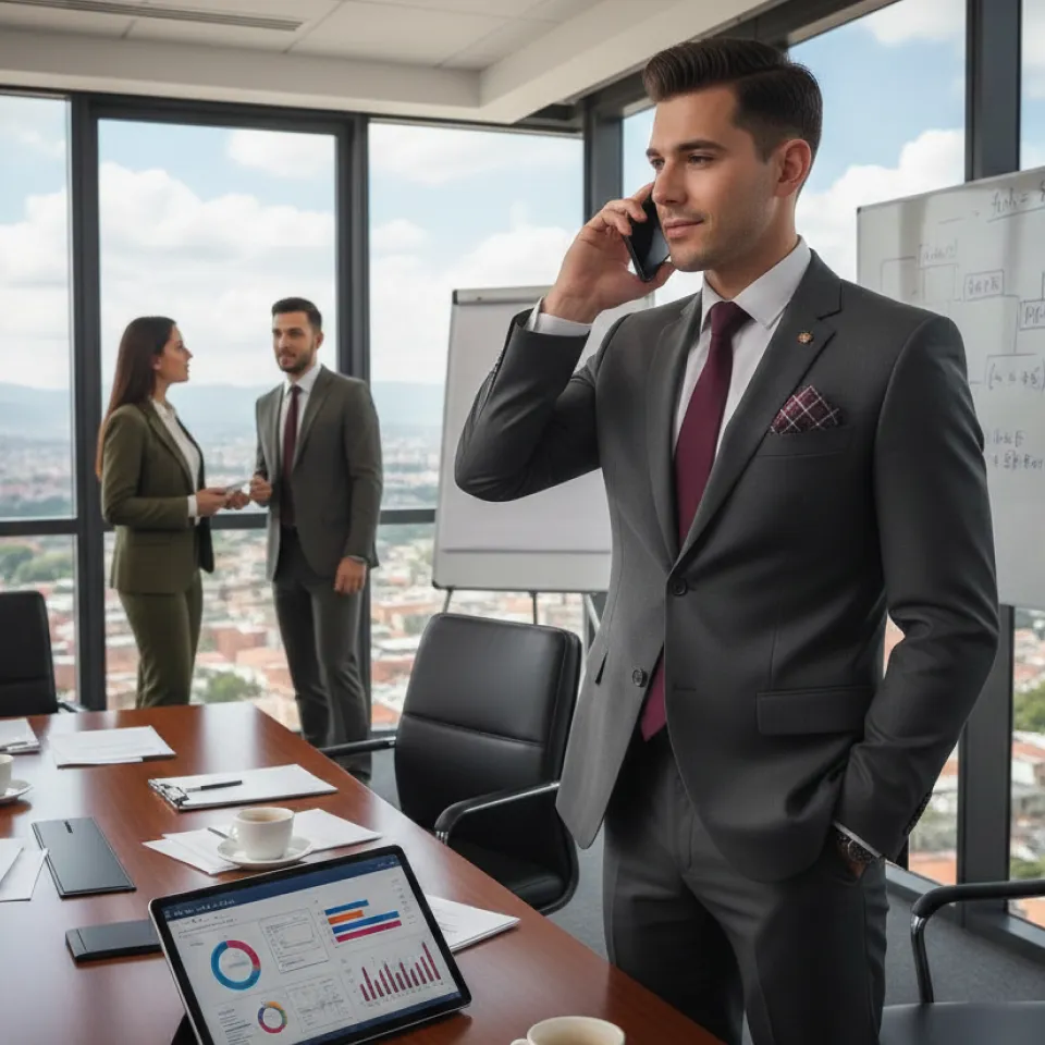 Fotografía de un graduado del diplomado en riesgos financieros y gestión integral de riesgos en una oficina después de concluir una junta de trabajo con sus compañeros.