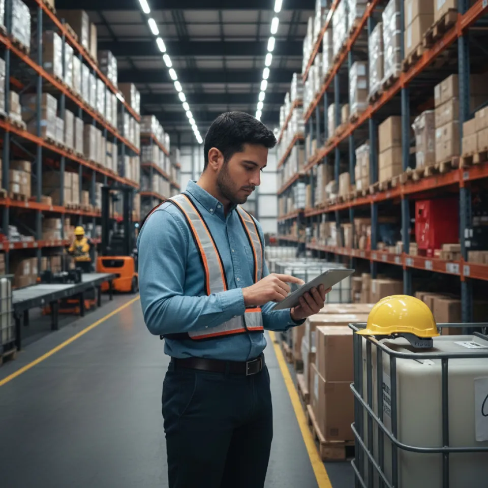Fotografía de un graduado del diplomado en logística revisando los resultados de costos de inventario en una bodega. 