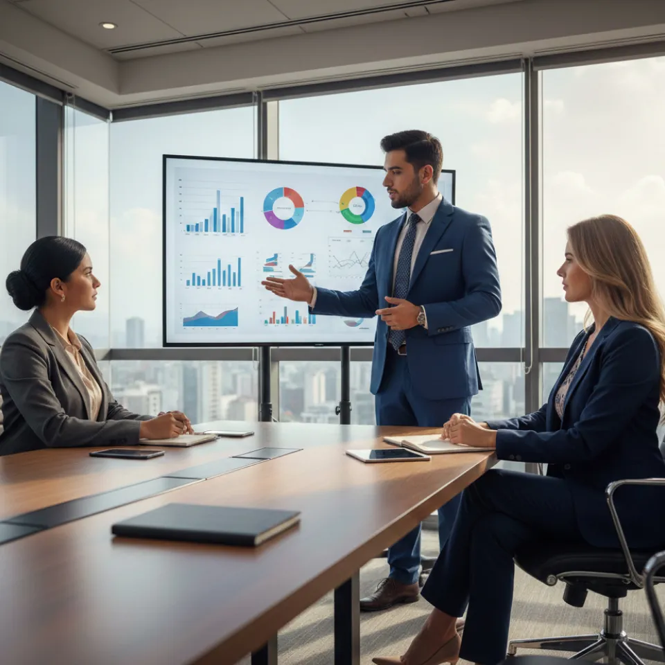 Fotografía de un graduado de un diplomado en planeación presentando de pie los resultados de un análisis de una planeación empresarial a un grupo de gerentes.