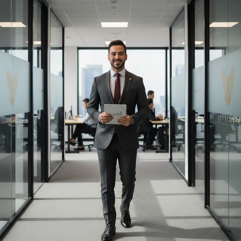Fotografía de un graduado de la Especialización en Gerencia Estratégica en el pasillo de una oficina después de tener una reunión exitosa sobre liderazgo transformacional.  