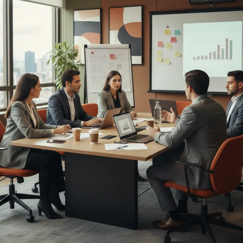 Fotografía de un grupo de expertos en gerencia administrativa discutiendo sentados en una oficina la estrategia a tomar para mejorar las operaciones de una empresa. 