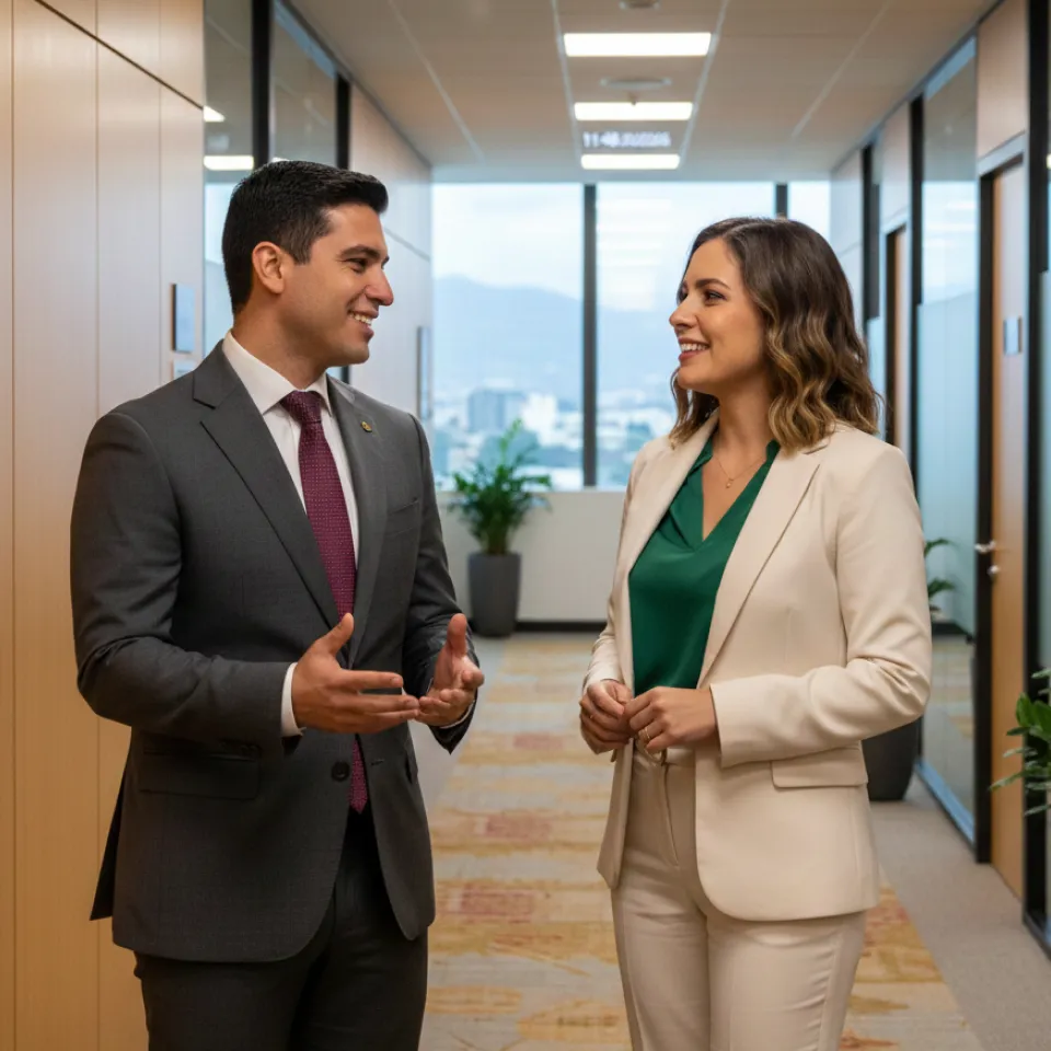 Fotografía de un grupo de egresados del diplomado en coaching ejecutivo conversando en una oficina sobre la mejor manera de mostrar su liderazgo. 