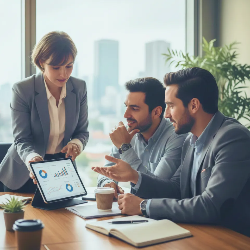 Fotografía de tres graduados de la Especialización en Gerencia Comercial revisando la estrategia de ventas en una tableta mientras sonríen.  